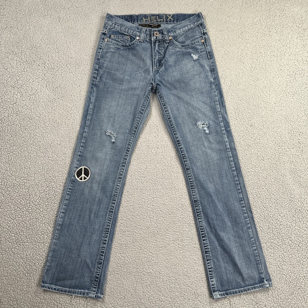 Vintage Helix Boot Jeans Men 30x32 Blue Peace Sign Thick Stitch Studs Distressed